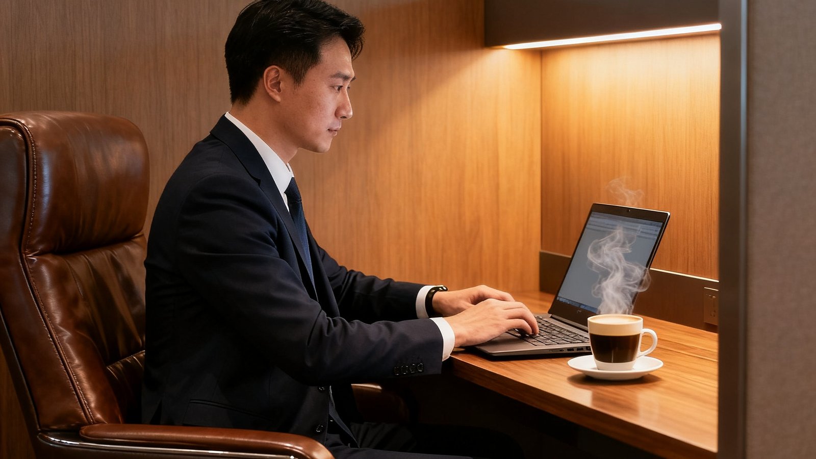 一位身穿深色西装的商务男士坐在公海贵宾会深圳北站贵宾厅的独立办公区，使用笔记本电脑处理工作，手边放着一杯现磨咖啡