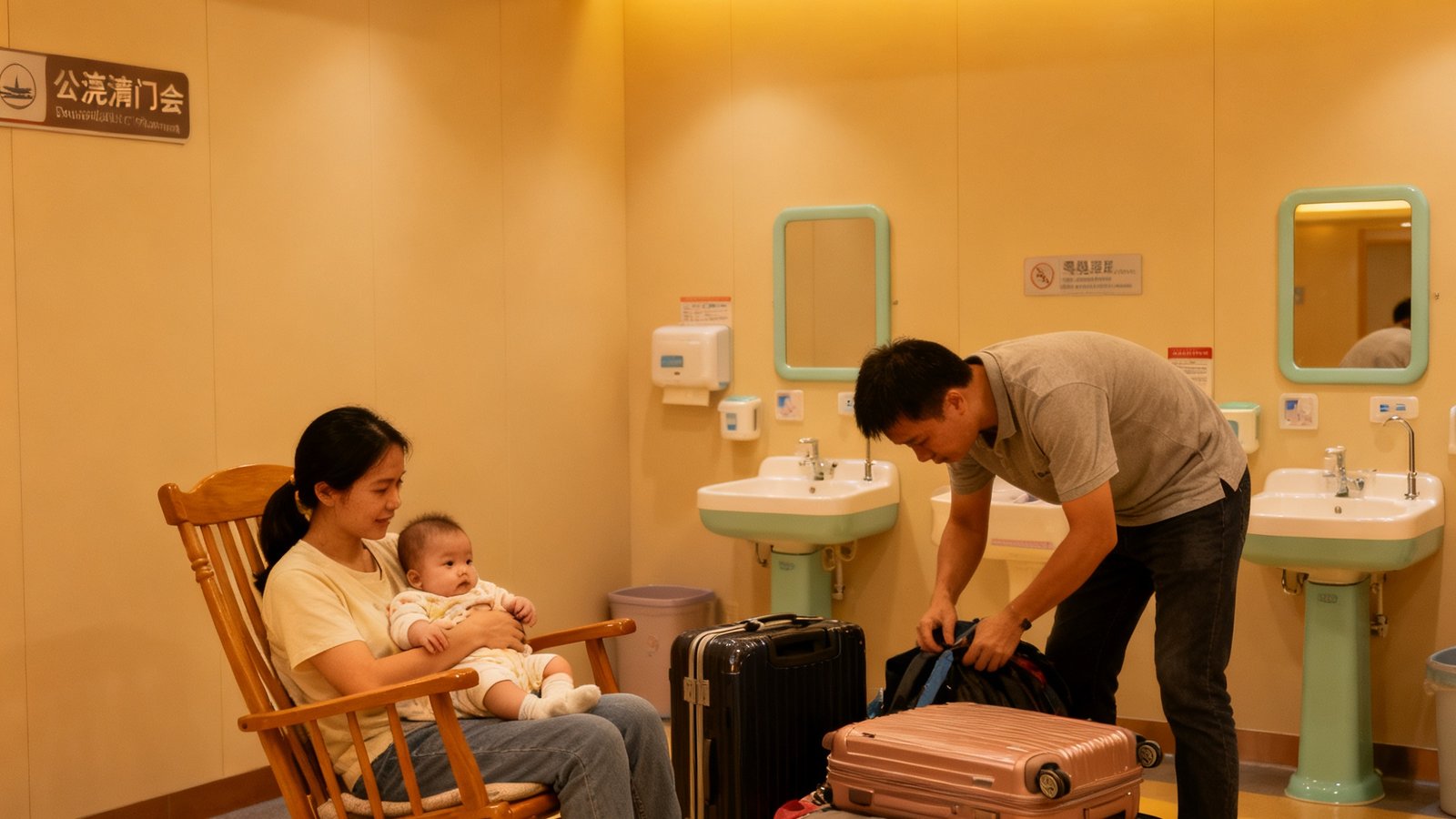 一家三口在公海贵宾会东莞虎门站贵宾厅的母婴休息区，母亲抱着婴儿坐在摇椅上，父亲在一旁整理行李