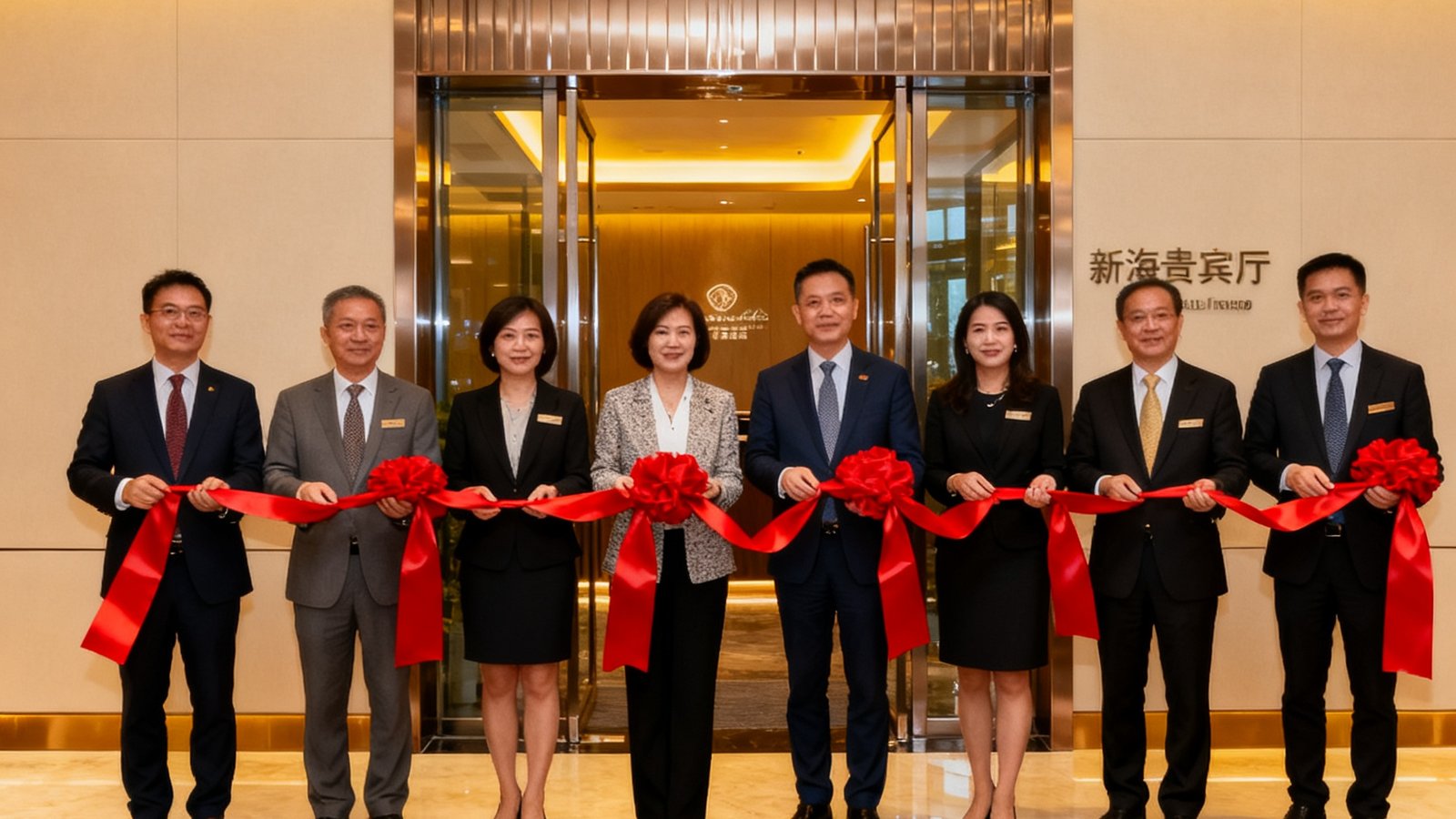 公海贵宾会珠海横琴站新贵宾厅开业剪彩仪式，嘉宾们手持红绸带站在新装修的贵宾厅入口处合影