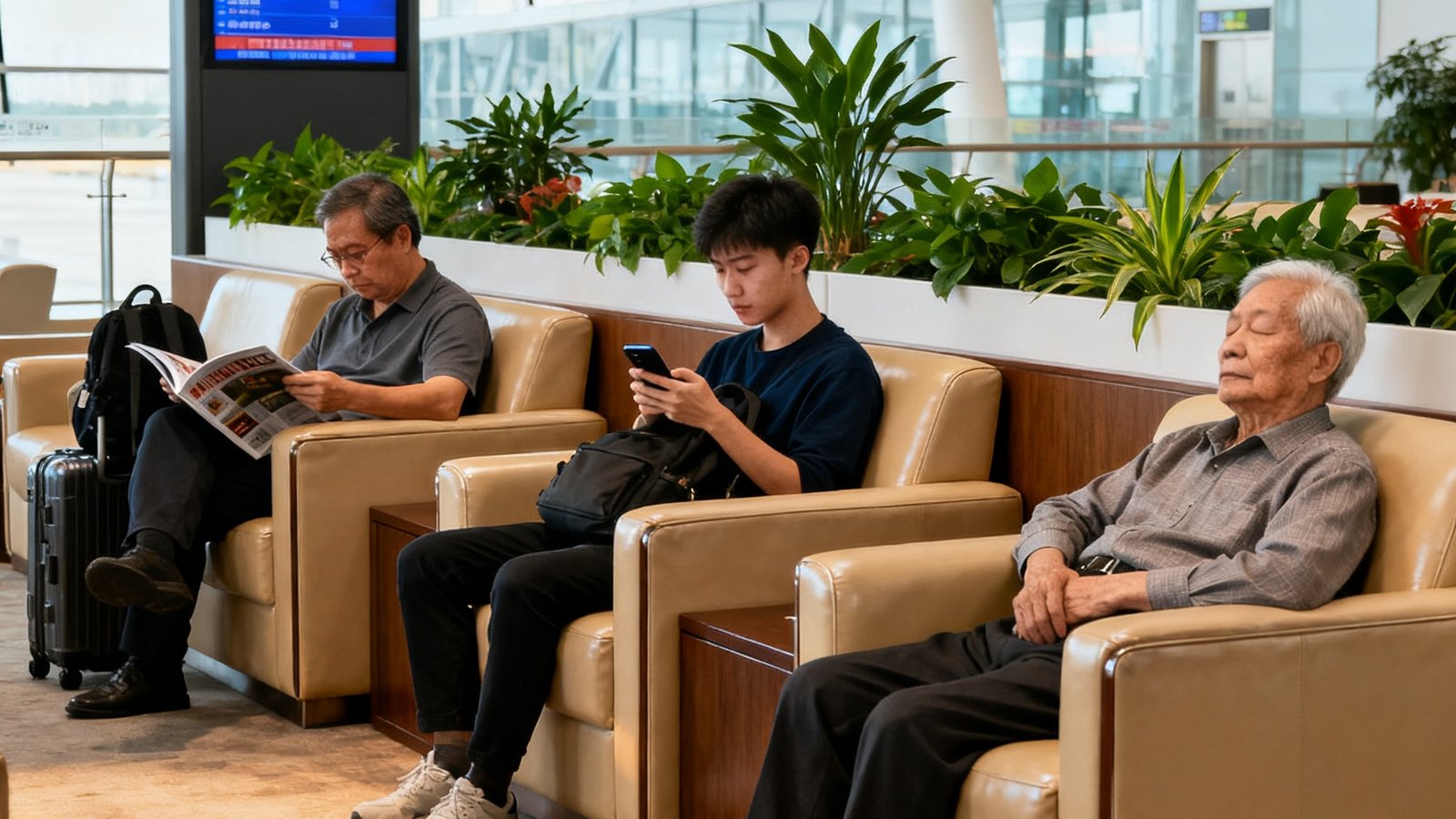公海贵宾会深圳北站贵宾厅内，三位不同年龄段的旅客各自在沙发区安静候车，有人阅读杂志，有人使用手机，整体氛围安静舒适